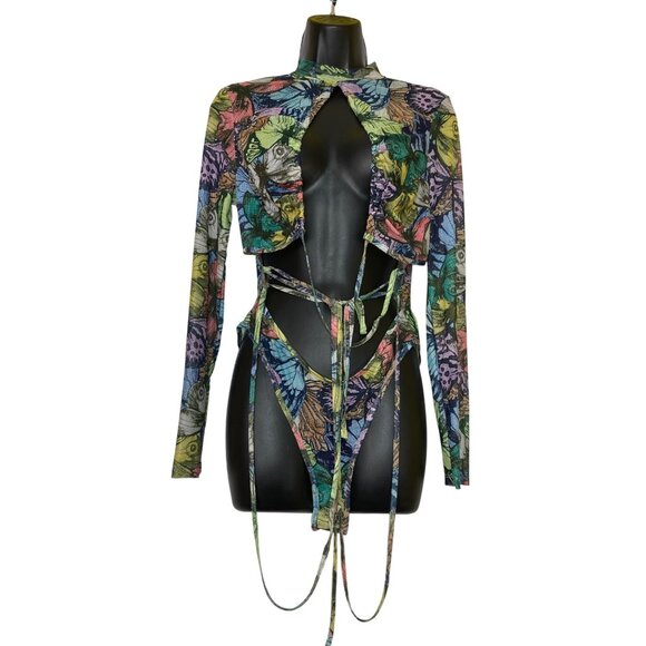 Butterfly Print Mesh Sexy Long Sleeve Bodysuit Open Front Ties Large Stretch Hot - Picture 3 of 7